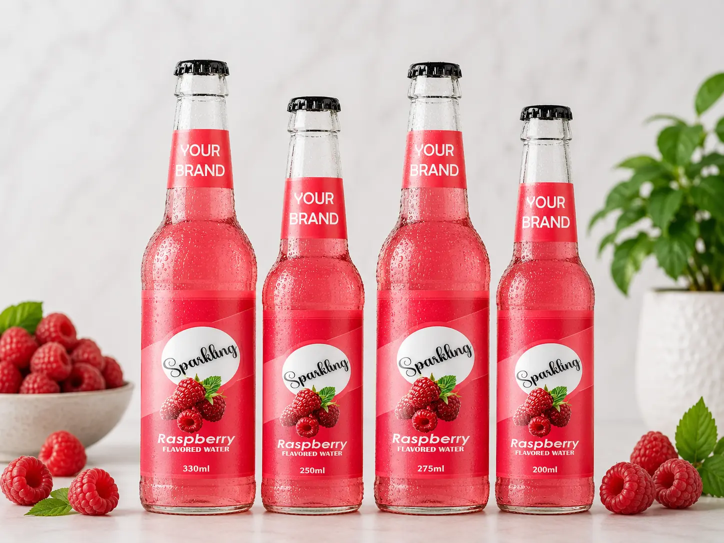 SPARKLING FLAVORED WATER Raspberry 330ml, 250ml, 275ml and 200ml glass bottles